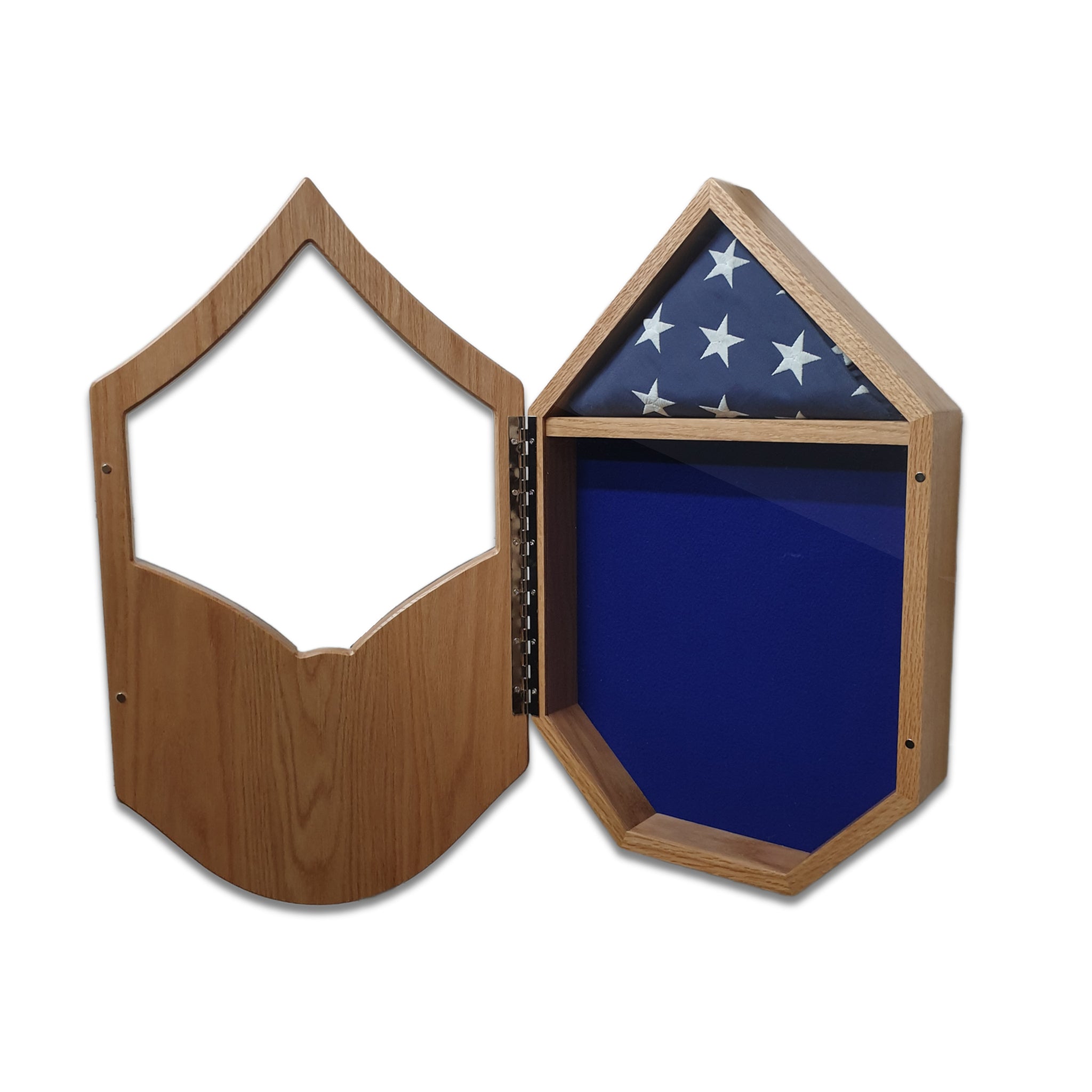 Right-angled view of a U.S. Air Force Master Sergeant Military Retirement Shadow Box with a 3'x5' folded American flag inside, shown with the front face fully open. Handcrafted from solid Oak and Walnut hardwood, featuring a spacious felt-lined interior for displaying medals, ribbons, and insignia. Flag not included but available as an optional add-on.