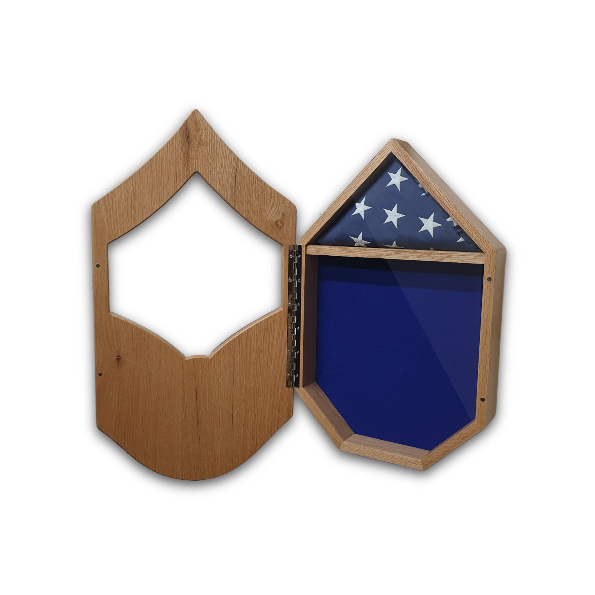 Military retirement shadow box for US Air Force Senior Master Sergeant. Made of real Oak and Walnut hardwood. Holds a 3'x5' folded flag. Shown with Blue felt option and 3'x5' folded flag.