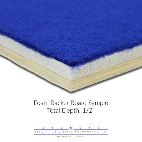 Cross-section view of a shadow box backer board, showing its three-layer construction: a rigid 1/4-inch plywood base, a 1/4-inch foam board layer, and a felt top layer. Built for securely mounting medals, ribbons, and insignia in military retirement display cases.