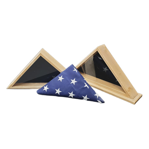 Two Maple hardwood 4'x6' folded flag display cases, handcrafted by Legacies of America Woodworking Co. Shown here with both the wall hanging style and mantel base option.