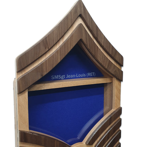 Military retirement shadow box for US Air Force Senior Master Sergeant. Made of real Oak and Walnut hardwood. Holds a 3'x5' folded flag. Shown with Text glass engraving.